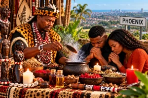 Chief Mungu providing traditional and spiritual guidance during a private consultation in Phoenix